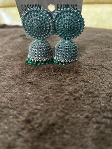 Oxidized Jhumka Earrings with Green Beads
