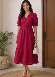 Chic V-Neck Puff Sleeve Midi Dress