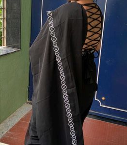 Elegant Black Saree with stitched blouse
