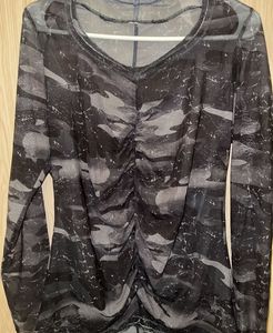 Sheer Camo Ruched Long Sleeve Top