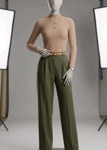 Classic Beige Mock-Neck Ribbed Long-Sleeve Top