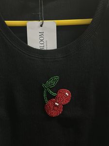 Black Ribbed Tank Top with Cherry Embellishment