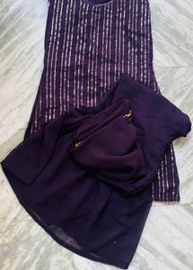 Elegant Purple Kurta Set with Silver Stripes