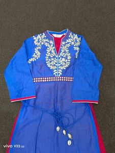 BIBA Royal Blue &amp; Magenta Embroidered Kurti