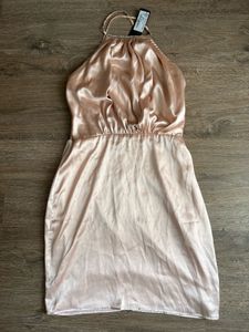 Pretty Satin Nude Halter Neck Mini Dress