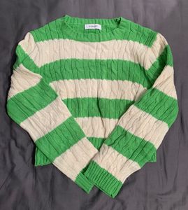 Green &amp; Cream Striped Cable Knit Sweater