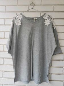 Imported Grey Top with Lace Flower Detail