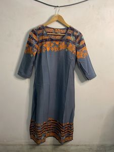 Grey Kurta with Orange Floral Print