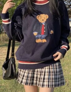 Bear Embroidery Knit Navy Blue Pullover🧸