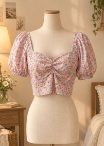 Cute Floral Puff Sleeve Ruched Top