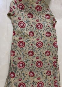 Beige Elegant Floral Cotton Kurta with pockets