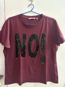 Maroon Sequin "NO!" T-Shirt