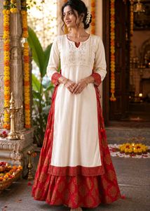 Elegant Cream Kurta with Red joint Skirt