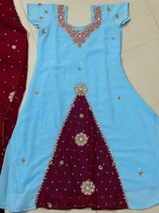 Sky Blue & Burgundy Embellished Aline Suit