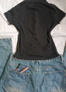 Black Ribbed Lettuce Hem Mock Neck Fitted Crop Top