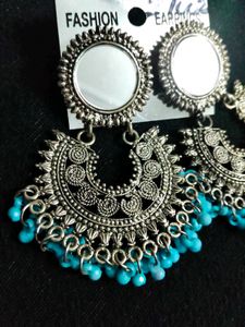 Oxidized Mirror Jhumka Earrings with Blue Beads