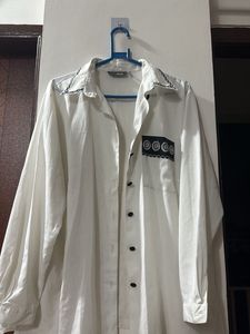 White Button-Up Tunic with Black Embroidery