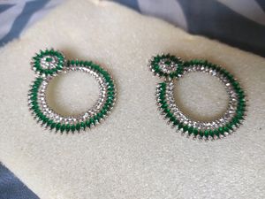 Green & White Diamond Chand Bali Earrings