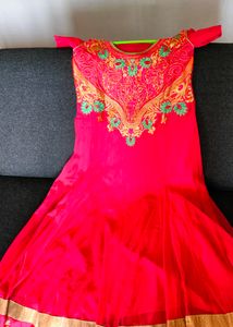 Medium Rose Netted Anarkali Kurthi Set