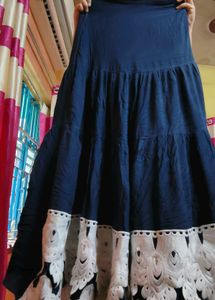 Elegant Navy Blue Skirt with White Lace Trim
