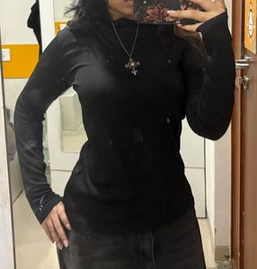 Chic Ribbed Black Long Sleeve Top