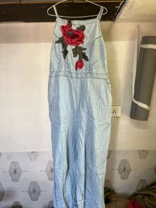 Denim Overalls with Floral Detail