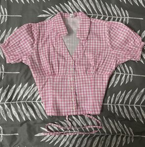 Pink Gingham Puff Sleeve Top