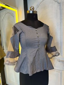 Stylish Grey Peplum Blouse with Sheer Sleeves