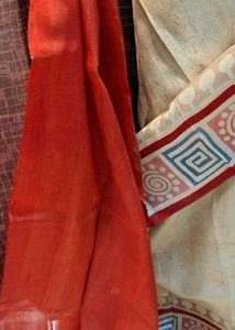 Brand New Cream &amp; Red Hand-Painted Saree