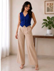 Chic Blue Vest & Beige Pants Set