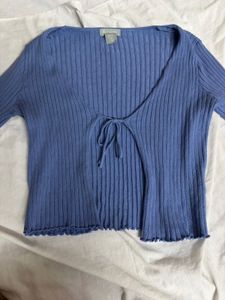 Sky &amp; Sparrow Blue Ribbed Tie-Front Crop Top