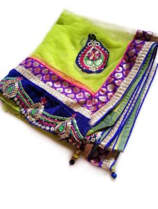 Pink and lime green heavy lengha embroidery net le