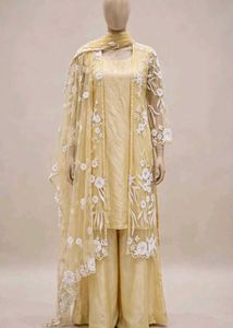 Pastel Yellow Floral Embroidered Long Kurti with L