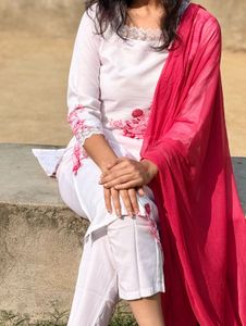 White Kurta Set with Pink Dupatta