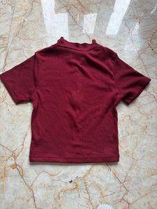 Maroon Ribbed Zip-Up Top
