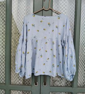 Cute Light Blue Fruit Print Blouse