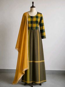 Green & Yellow Checkered Kurta with Dupatta And Le