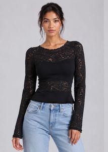 Lace Detail Long Sleeve Black Top