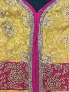 Vibrant Yellow Kurta Set with Pink Embroidery