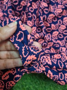 Navy Blue &amp; Pink Leaf Print Dress