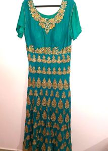Teal &amp; Golden Peacock Green Anarkali Ethnic Gowns