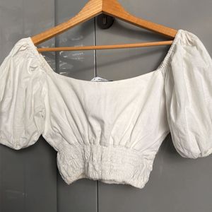 SPYKAR White Puff Sleeve Smocked Crop Top
