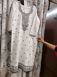 White Embroidered Kurta with Black Trouser