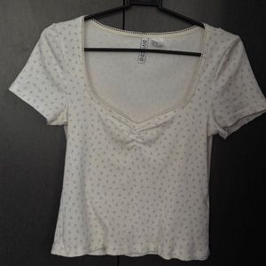 White Floral Print Ribbed Top