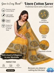 Elegant Linen Cotton Saree - Yellow Print