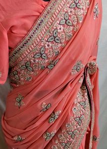 Beautiful Embroidered Peach Saree 🤩