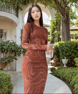 Sheer Marble Print Long Sleeve Dress