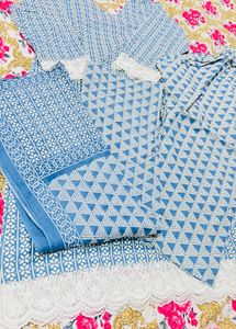 Blue Geometric Print Kurta Set with Lace
