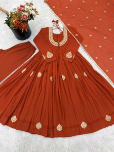 Elegant Rust Embroidered Anarkali Suit Set