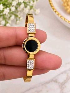 Elegant Gold Bangle with Black &amp; Crystal Accents